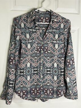 Express Portofino Shirt Blouse Womens XS Blue Pink Print Roll Tab Sleeve Top